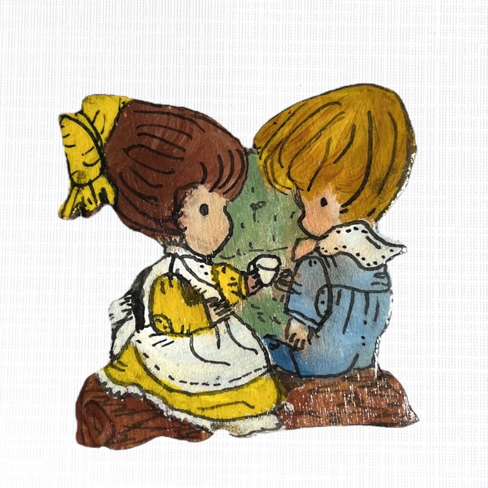 Vintage Hand Painted Wooden Pin Brooch Children Little Girl Boy Drawing Art